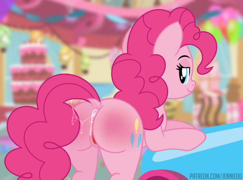 anus ass blue_eyes cake dessert equid equine female food friendship_is_magic genitals hasbro horse jennieoo mammal my_little_pony pink_body pinkie_pie_(mlp) pony pussy smile