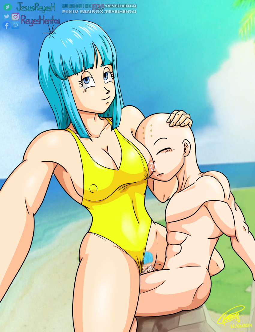 beach bikini dragon_ball dragon_ball_z krillin kuririn maron original_artwork pubic_hair reyeshentai(artist) sex sucking_nipples