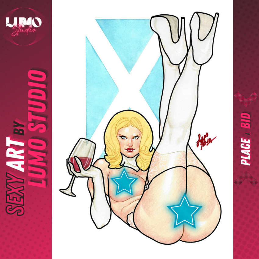 blonde_hair blue_eyes censored censored_genitalia censored_nipples censored_pussy emma_frost lucas_silva lumo_studio marvel marvel_comics pinup white_queen wine wine_glass x-men