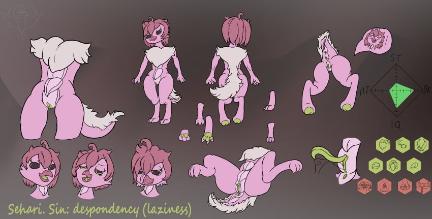 absurd_res anthro anus avian bird bodily_fluids demon dragon effects english_text female futanari genital_fluids genitals gynomorph hair hell_phoenix hi_res hybrid icon intersex kaonari lizard model_sheet mythological_creature mythological_scalie mythology pawpads paws pink_body pink_hair pussy reptile scalie sehari_(character) solo tail text