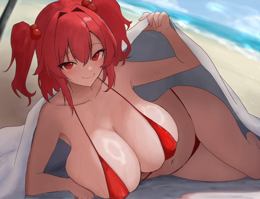 alternate_costume beach bikini blurry blurry_background breasts cleavage closed_mouth commentary_request female hair_intakes highres horizon huge_breasts komachi_onozuka looking_at_viewer lying mature_female milf moriforest1040 ocean on_side onozuka_komachi outdoors red_bikini red_eyes red_hair shinigami sideboob smile solo swimsuit touhou two_side_up