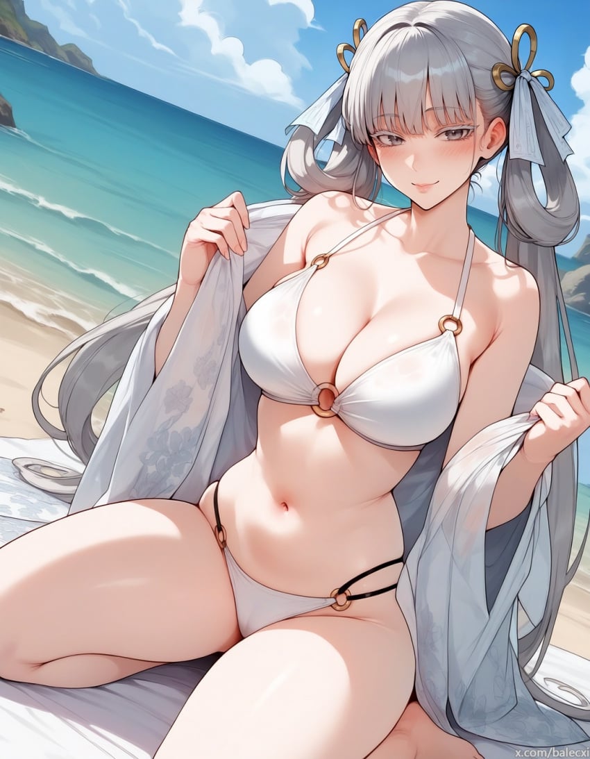 ai_generated balecxi beach bikini blush jinhsi_(wuthering_waves) looking_at_viewer o-ring o-ring_bikini shawl undressing white_eyelashes white_eyes white_hair wuthering_waves