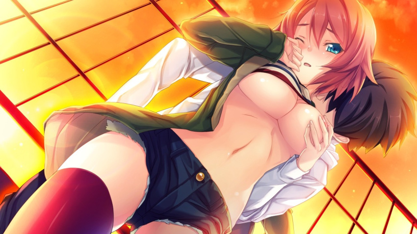 black_hair blue_eyes blush breast_grab breasts clouds evening female game_cg highres innocent_bullet:_the_false_world jacket kissing large_breasts legs looking_down navel no_bra oosaki_shin'ya open_mouth red_hair shirt_lift short_hair short_shorts shorts sky standing thighs wince