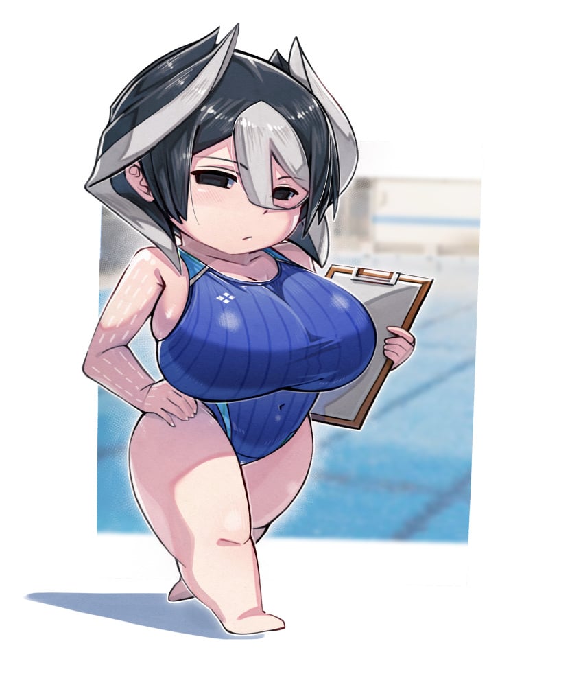 alternate_costume big_breasts black_and_white_hair black_eyes black_hair blue_swimsuit blush body_markings chibi chibi_style clipboard coach expressionless female female_only full_body hair_between_eyes hand_on_hip huge_breasts kingofbandit156 looking_at_viewer made_in_abyss one-piece_swimsuit ozen short_hair shortstack solo swimsuit teacher thick_thighs two_tone_hair walking wide_hips