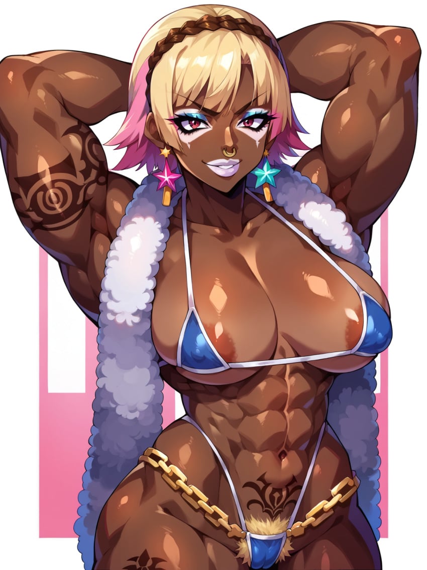 1girls abs abstract_background ai_generated areola_slip areolae_slip armpit arms_up biceps big_biceps big_lips bikini blonde_hair blonde_pubic_hair braid breasts chains civitai covered_nipples crown_braid dark-skinned_female dark_skin earrings excessive_pubic_hair feather_boa female female_pubic_hair ganguro golden_chain grin gyaru hands_behind_head highleg highleg_bikini huge_breasts large_biceps looking_at_viewer makeup makoto_niijima micro_bikini muscular muscular_female nipple_bulge nose_ring persona_(series) persona_5 pink_highlights plump_lips pubic_hair pubic_hair_peek pubic_tattoo red_eyes red_iris red_irises short_hair smile solo standing star_earrings sumezawa tattoo tattoos two-tone_hair two_tone_hair very_dark-skinned_female very_dark_skin white_lips yamanba