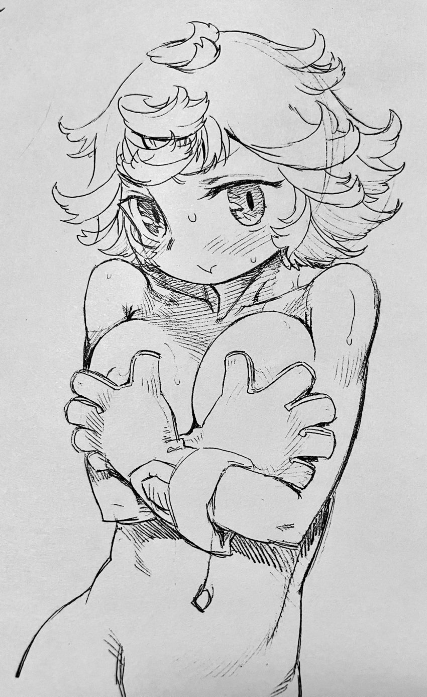 blush breast_squish cleavage covering_breasts covering_self embarrassed female female_only gloves kikimolaru looking_at_viewer made_in_abyss medium_breasts monochrome naked_gloves nude prushka short_hair sketch solo sweat traditional_media_(artwork)