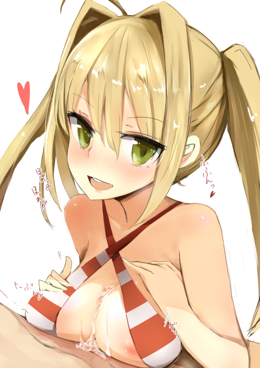 ahoge bikini blonde_hair blush breast_suppress breasts criss-cross_halter cum cum_on_body cum_on_breasts cum_on_upper_body fate/grand_order fate_(series) female green_eyes hair_between_eyes hair_intakes halterneck hands_on_own_chest highres large_breasts long_hair looking_at_viewer muoto nero_claudius_(fate) nero_claudius_(swimsuit_caster) nose_blush open_mouth paizuri paizuri_under_clothes smile solo_focus striped striped_bikini swimsuit twintails upper_body