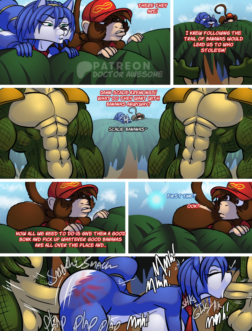 1girls 2024 3boys anthro anthro_on_anthro anthro_penetrated anthro_penetrating anthro_penetrating_anthro ape ass balls big_breasts big_butt big_penis blue_body blue_fur blue_hair breasts butt_slap canid canine closed_eyes clothing comic crossover diddy_kong donkey_kong_(series) donkey_kong_country english_text fairy fellatio female female_penetrated fox fur genitals green_eyes group group_sex hair haplorhine hat headgear headwear hi_res krystal_(star_fox) male male/female male_penetrating male_penetrating_female mammal monkey muscular muscular_anthro muscular_male navi nintendo ocarina_of_time oral oral_penetration patreon penetration penile penis primate scalie sex slap spank_marks spanking spitroast star_fox text the_legend_of_zelda thebigbadwolf01 threesome tie watermark white_body white_fur