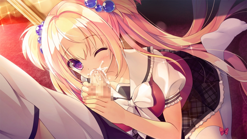 blonde_hair blush bow censored female game_cg koi_saku_miyako_ni_ai_no_yakusoku_wo_~annaffiare~ long_hair natsume_eri oral penis purple_eyes seifuku skirt thighhighs tied_hair tsuji_kokoro twintails