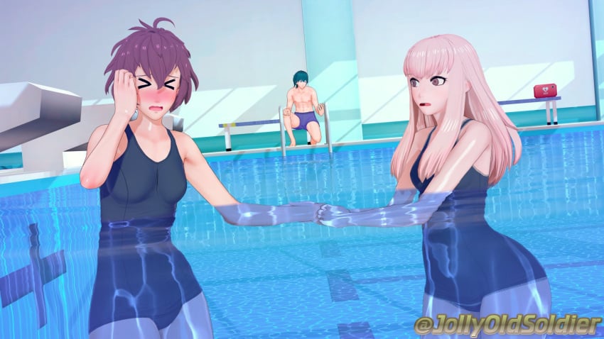 1boy 2girls 3d alternate_costume bernadetta_von_varley blue_one-piece_swimsuit blue_swimsuit breasts byleth_(fire_emblem) byleth_(fire_emblem)_(male) female female_focus fire_emblem fire_emblem:_three_houses indoors jollyoldsoldier koikatsu lysithea_von_ordelia male multiple_girls nintendo one-piece_swimsuit small_breasts swimsuit water