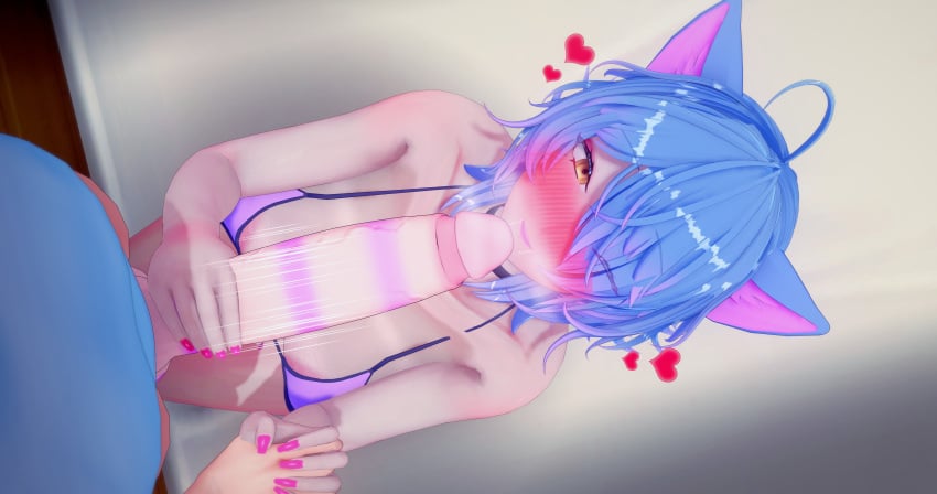 1boy 1girls 3d areola_slip bed big_breasts big_penis bikini blush breasts cat_ears catgirl deluxe_rosie drooling female handjob heart hearts_around_head holding_hands huge_cock indie_virtual_youtuber lipstick lipstick_mark lipstick_on_penis lipstick_ring long_penis male male/female motion_lines penis pink_nails rosie_(vtuber) sitting sitting_on_bed string_bikini tan-skinned_female tan_body tan_skin virtual_youtuber wink