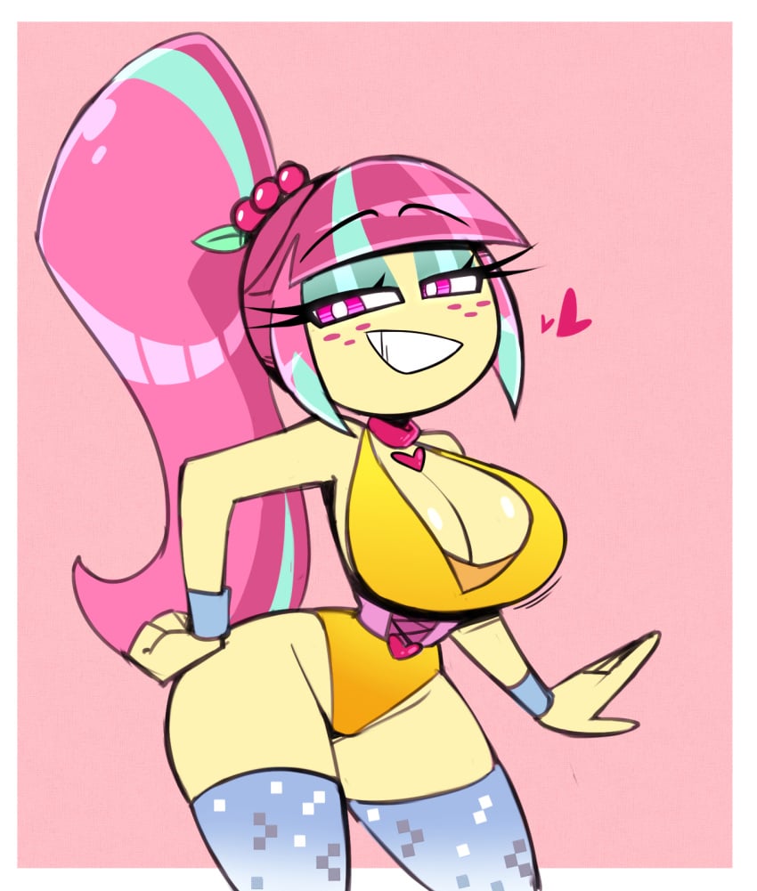 1girls 2022 big_breasts breasts busty cleavage cleavage_cutout clenched_hand curvaceous curvy equestria_girls eyelashes female female_only floating_heart freckles friendship_is_magic hand_on_leg hasbro heart hourglass_figure huge_breasts large_breasts legwear leotard long_hair my_little_pony necklace nelljoestar pink_background pink_eyes pink_hair ponytail smile smiling solo solo_female sour_sweet sour_sweet_(eg) stockings teeth teeth_showing thick_thighs thighhighs twitter_link two_tone_hair yellow_body yellow_clothing yellow_leotard