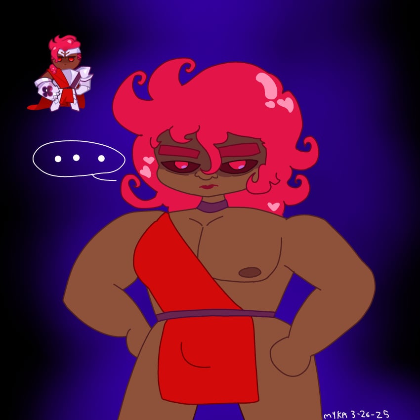 … angry angry_expression angry_face black_background black_sclera blue_background brown_body brown_skin bulge bulge_through_clothing color colored cookie_run cookie_run_kingdom dark_background glare glaring glaring_at_viewer looking_at_viewer male male_nipples male_only nipples nsfwmyka pecs pink_eyes pink_hair pissed_off red_eyes scary scary_face thick_eyebrows wildberry_cookie
