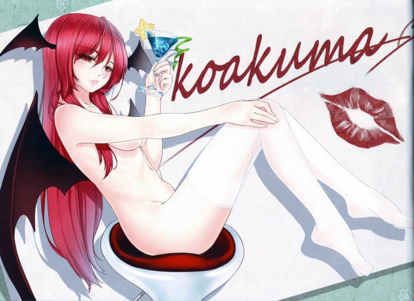 bar_stool bat_wings breasts character_name drink female head_wings highres kiss_mark_on_photo koakuma lace lips lipstick_mark long_hair nude rail_(silverbow) red_eyes red_hair scan sitting solo succubus thighhighs touhou very_long_hair wings