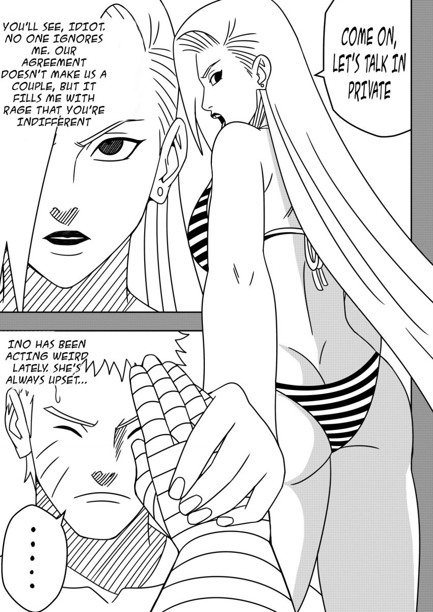 1boy1girl angry ass ass_cleavage bikini butt_crack closed_eyes comic confused confusion dialogue earrings english_text female holding_hands ino_yamanaka jealous jealousy lipstick long_hair makeup male male/female monochrome naruto naruto:_the_last naruto_(series) naruto_shippuden ninrubio revealing_swimsuit short_hair side_view story swimsuit tsundere uzumaki_naruto very_long_hair voluptuous walking
