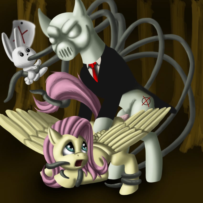 angel_(mlp) bondage clothing cr33per creepy cutie_mark domination equine female fluttershy_(mlp) forest friendship_is_magic fur hair horse lagomorph long_hair looking_back male monster my_little_pony necktie nightmare_fuel note open_mouth oral_penetration pegasus penis pink_hair ponified pony rabbit raised_tail rape scared slenderman slendermane straight straight_hair suit tentacle tentacle_rape tree vaginal_penetration wings yellow_fur