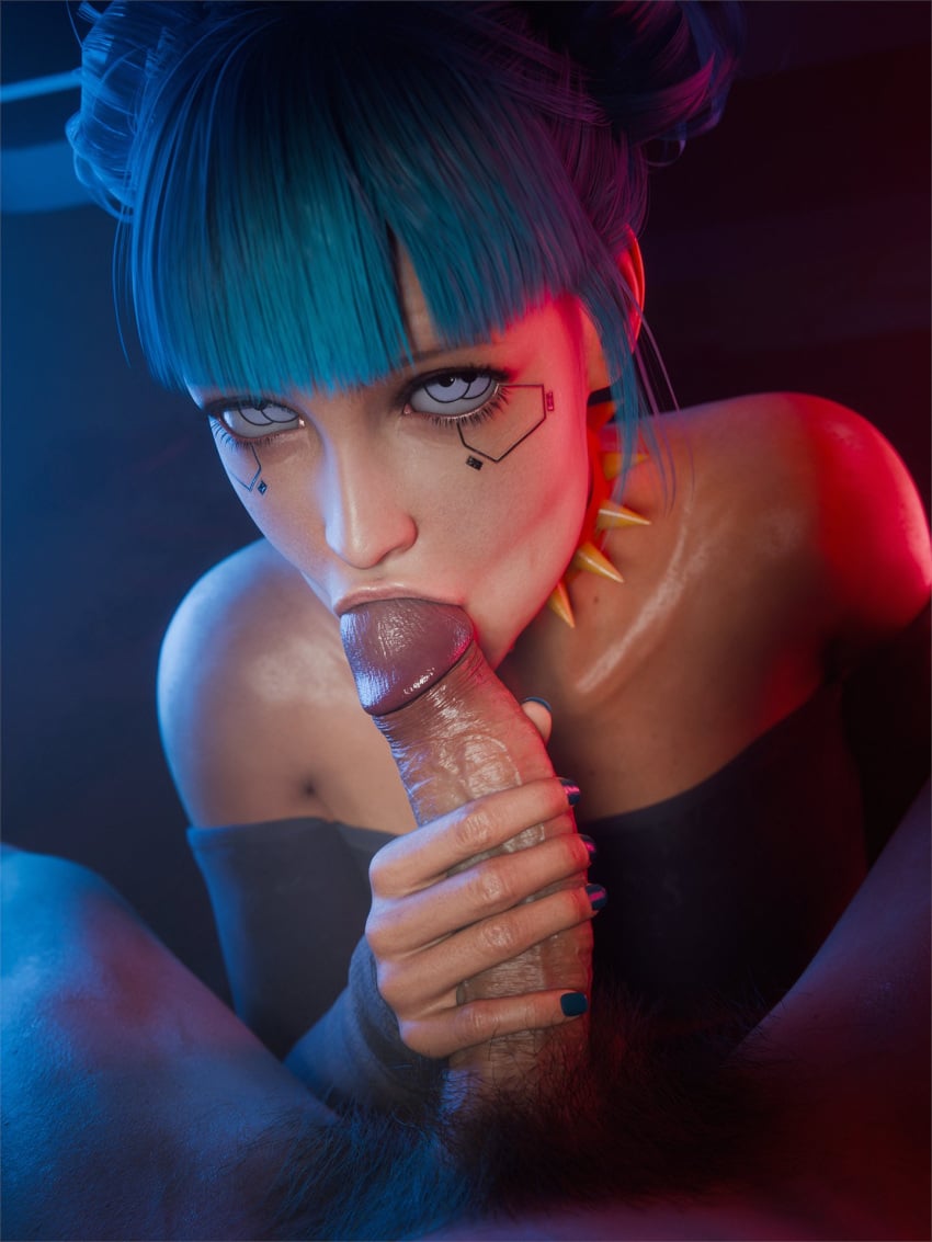 1boy 1girls 2025 3d bangs bloo3d blowjob blowjob_face blue_hair blue_light blue_moon_(cyberpunk_2077) blue_nail_polish blue_topwear clothed clothed_female clothed_female_nude_male cybernetic_eyes cybernetics cyberpunk_2077 duo dyed_hair fellatio female foreskin hairy hairy_male hairy_penis holding_penis indoors just_the_tip kneeling kneeling_on_ground light_purple_eyes looking_at_viewer male male/female nail_polish off_shoulder oral oral_sex ox_horns painted_nails penis penis_in_mouth polycoria pov pov_blowjob red_light retracted_foreskin simple_background spiked_collar straight straight_sex uncircumcised uncircumcised_penis uncut