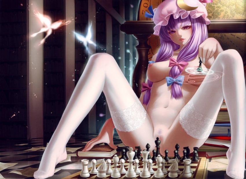 1girls book bow breasts butterfly chess female hat long_hair navel nipples nude patchouli_knowledge pubic_hair purple_eyes purple_hair rail_(silverbow) solo thighhighs touhou vagina