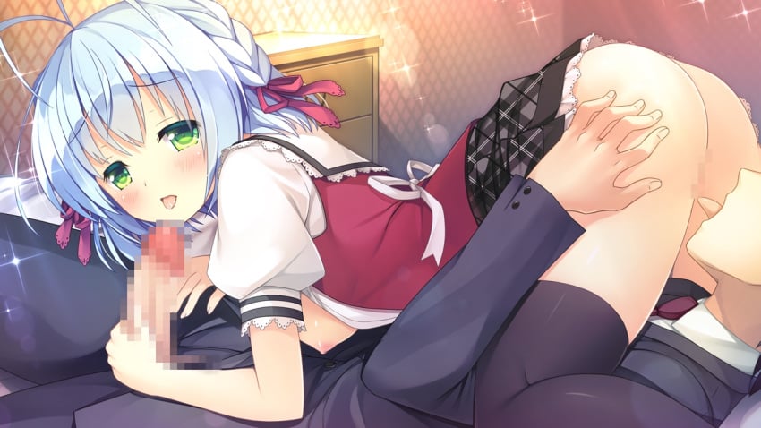 1boy ass_grab blue_hair blush braids breasts censored cunnilingus fellatio female game_cg green_eyes hair koba_kazuomi koi_saku_miyako_ni_ai_no_yakusoku_wo_~annaffiare~ natsume_eri nipples oral penis ribbons seifuku short_hair skirt thighhighs winifred_d_land