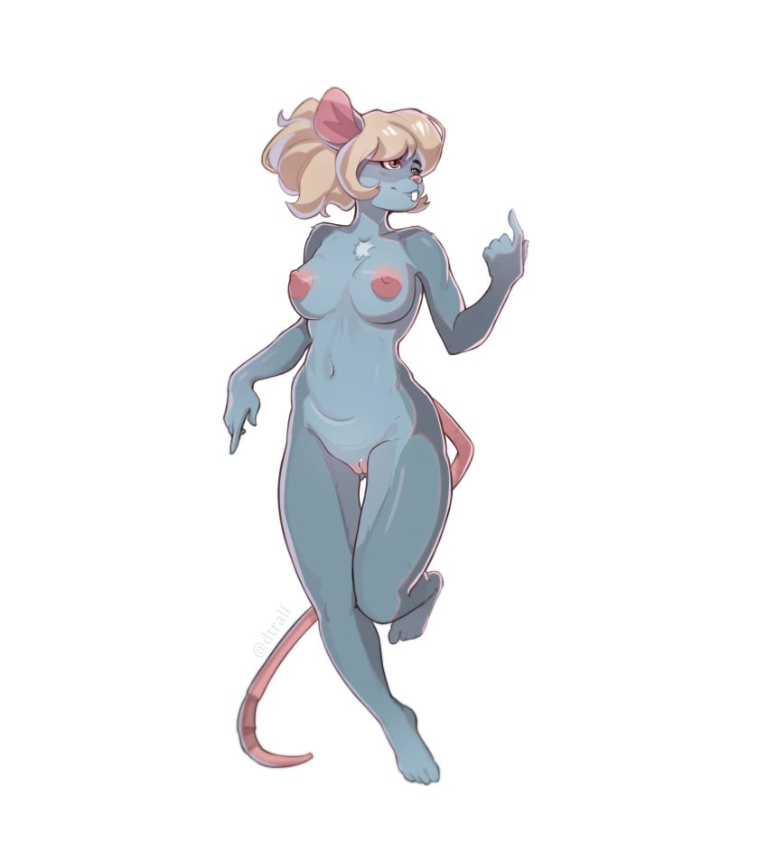 2023 absurd_res anthro big_nipples blonde_hair breasts buckteeth chest_tuft dt_ralf female female_anthro front_view fur genitals grey_body grey_fur hair hi_res mammal murid murine nipples nixmoonl nude nude_anthro nude_female pussy rat rodent simple_background solo teeth thigh_gap tuft vulva white_background