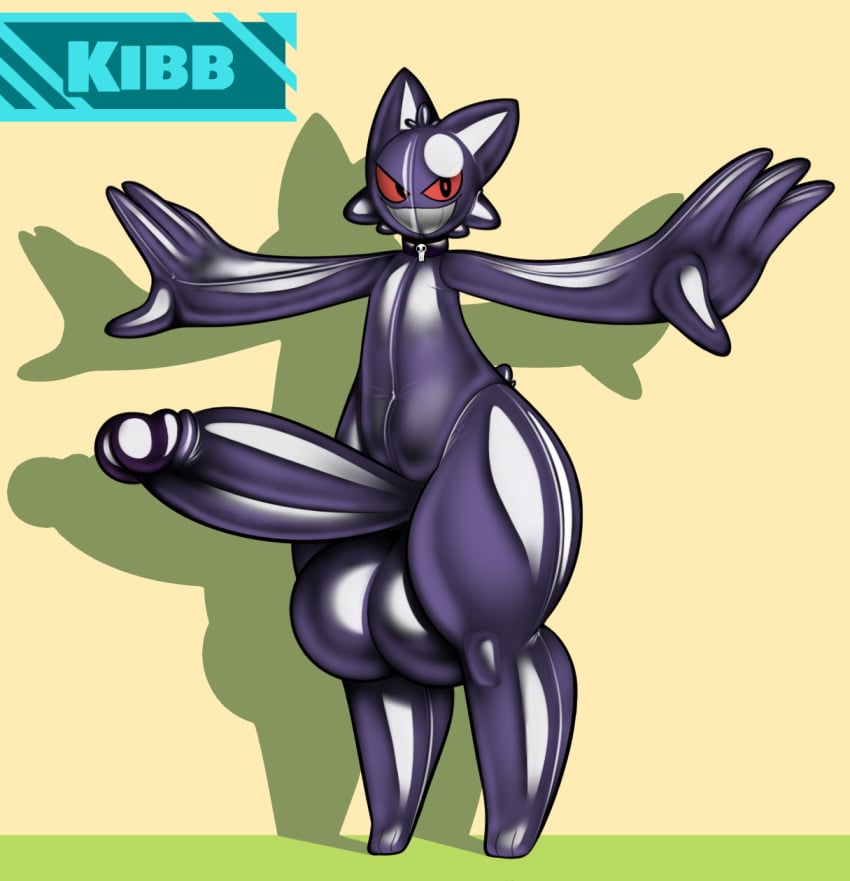 animate_inanimate anthro ass balls big_balls big_butt big_penis collar doll feet generation_1_pokemon gengar genitals glistening glistening_body hi_res humanoid inflatable latex living_doll living_inflatable male nintendo pear-shaped_figure penis pokemon pokemon_(species) purple_body red_eyes reflective_body sillyseacreatur simple_background small_feet smile solo spread_arms wide_hips