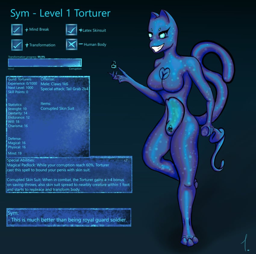 bodysuit corruption ear furry glowing_eyes latex_skinsuit latex_suit penis_bulge rpg shiny_skin tail transformation