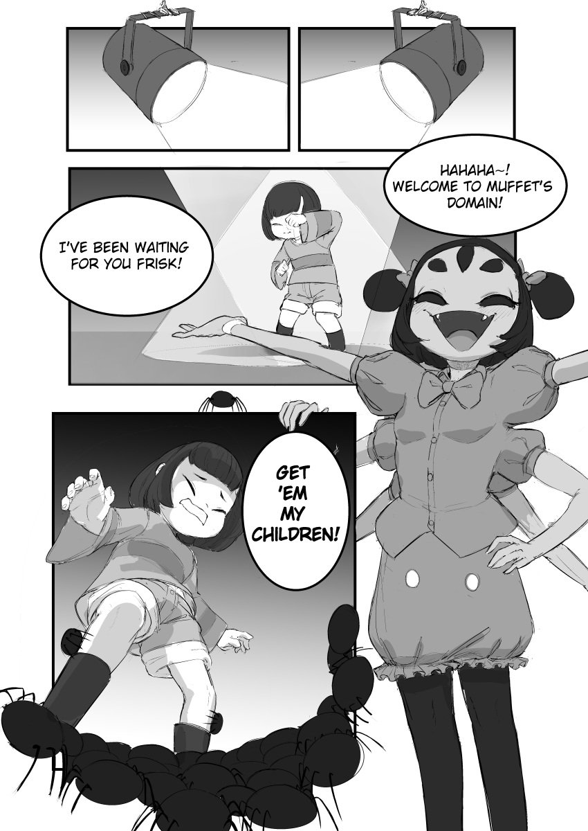 1boy 1boy1girl 1girls 5_eyes bowtie comic dialogue english_text fangs female femdom frisk happy interspecies male male/female monochrom monster_girl muffet sekitanbuta spider_girl text undertale