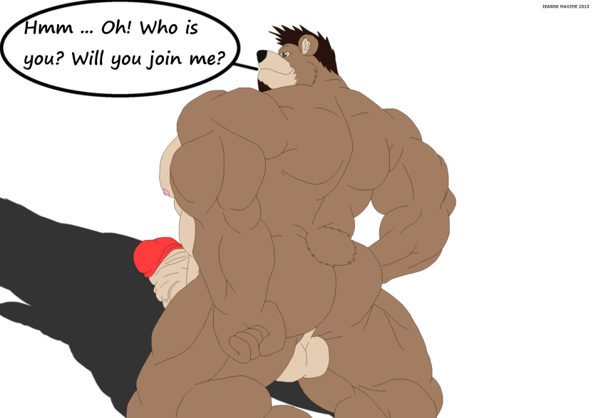 2013 anthro balls bear biceps big_muscles big_penis canine dialog english_text erection fur hair kisuke_mineo looking_at_viewer male male_only maxime-jeanne muscles nipples nude pecs penis pose smile solo text