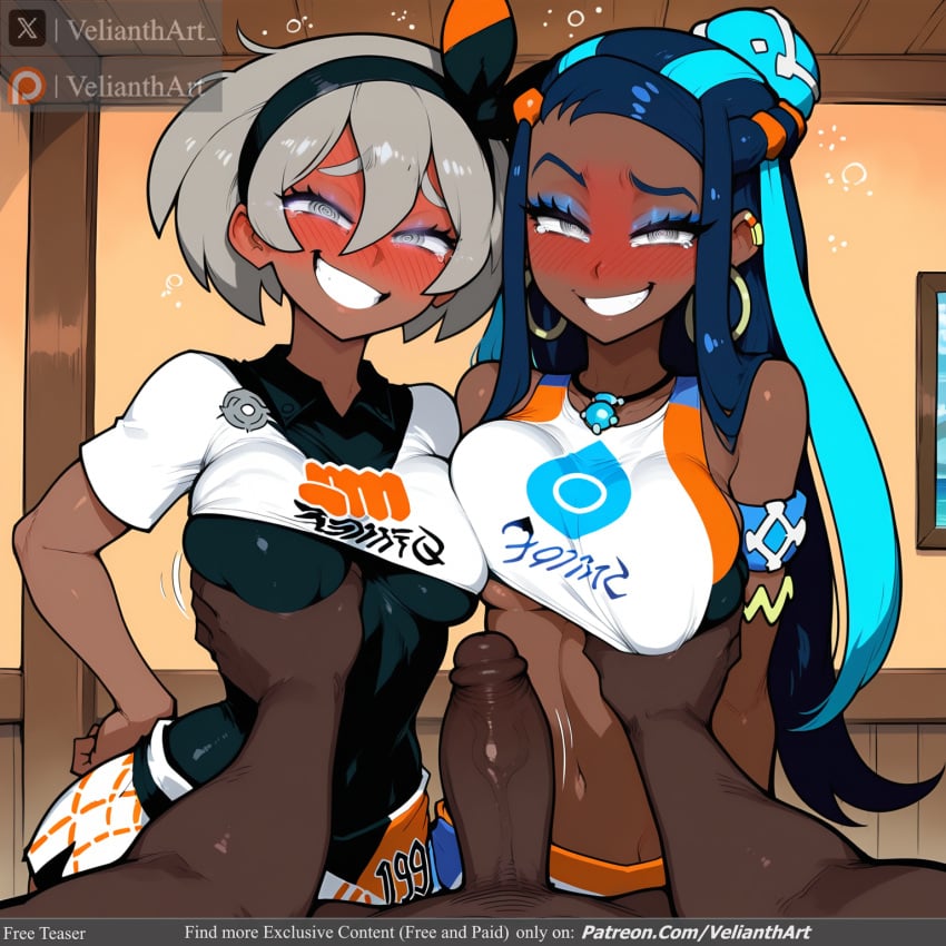 1boy 2girls @_@ abs ai_generated aqua_hair armband bangs bea_(pokemon) biting_lip black_hair blue_eyes blue_hair blush bodysuit breast_grab breast_squeeze breasts classroom closed_eyes clothed_female_nude_male clothes_writing covered_navel crop_top dark-skinned_female dark-skinned_male dark_skin earrings erection female freckles grabbing grey_hair grin hair_between_eyes hair_bun hairband hand_on_hip hoop_earrings interracial jewelry large_penis long_hair makeup male medium_breasts multicolored_hair multiple_girls navel nessa_(pokemon) nude partially_fingerless_gloves penis pokemon pokemon_ss pov shirt smile straight tears teeth two-tone_hair uncensored velianthart very_dark_skin