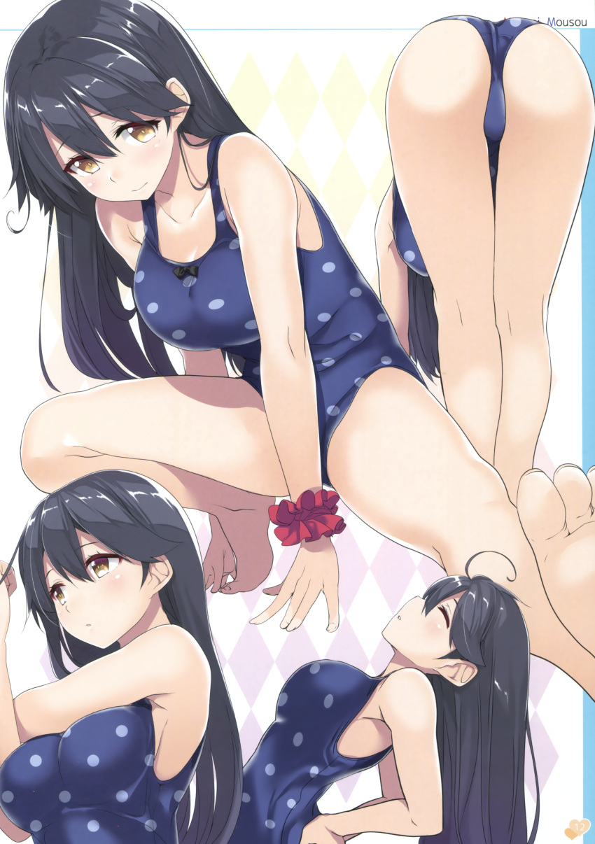 absurdres ahoge arched_back arm_support armpits ass bare_legs bare_shoulders barefoot bent_over black_hair blue_swimsuit blush breasts brown_eyes closed_eyes feet female foreshortening gintarou_(kurousagi108) highres kantai_collection large_breasts leaning_back legs long_hair multiple_views one-piece_swimsuit open_mouth parted_lips polka_dot polka_dot_swimsuit scan scrunchie smile stretch swimsuit toes ushio_(kantai_collection) wrist_scrunchie