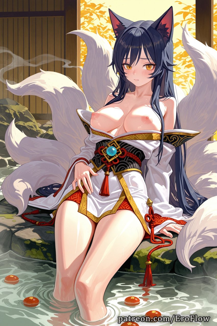 1girls 2025 ahri ai_generated animal_ears bare_shoulders black_hair blush breasts closed_mouth dress erect_nipples eroflow facial_mark female fox_ears fox_girl fox_tail hard_nipples hi_res highres kitsune korean_clothes large_breasts league_of_legends league_of_legends:_wild_rift long_hair long_sleeves looking_at_viewer multi_tail nipples onsen patreon riot_games sitting soaking_feet solo tail very_long_hair voluptuous voluptuous_female water whisker_markings yellow_eyes