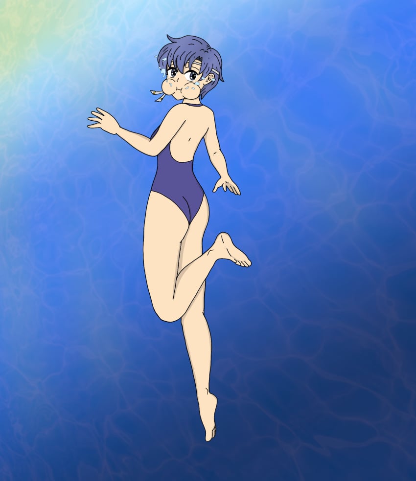 _lusdelmare ass ass barefoot blue_hair blue_swimsuit feet fire_emblem fire_emblem:_the_binding_blade fire_emblem_heroes looking_back one_piece_swimsuit puffy_cheeks request shanna_(fire_emblem) short_hair swimsuit underwater