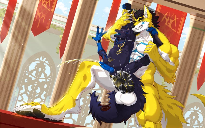 4_toes anal anal_sex animal_genitalia animal_penis balls beard big_penis black_body black_penis blue_pawpads blue_penis blue_tongue blush bodily_fluids canid canine canine_genitalia canine_penis canis clenched_teeth collar cuff_(restraint) cum_covered_penis cum_strand ejaculation erection eye_roll facial_hair feet frown genital_fluids genitals hair hands_above_head hands_grab hi_res huge_cock kaolongbaoo knot leg_grab legs_up male mammal muscular muscular_male open_mouth palace pawpads penetration penile penile_penetration penis penis_in_ass penis_on_butt restraints reverse_stand_and_carry_position ridged_penis sex shackles size_difference snot spread_legs spreading standing standing_sex stomach_bulge tears teeth three-quarter_view toes tongue tongue_out wolf wrist_grab yellow_body yellow_eyes