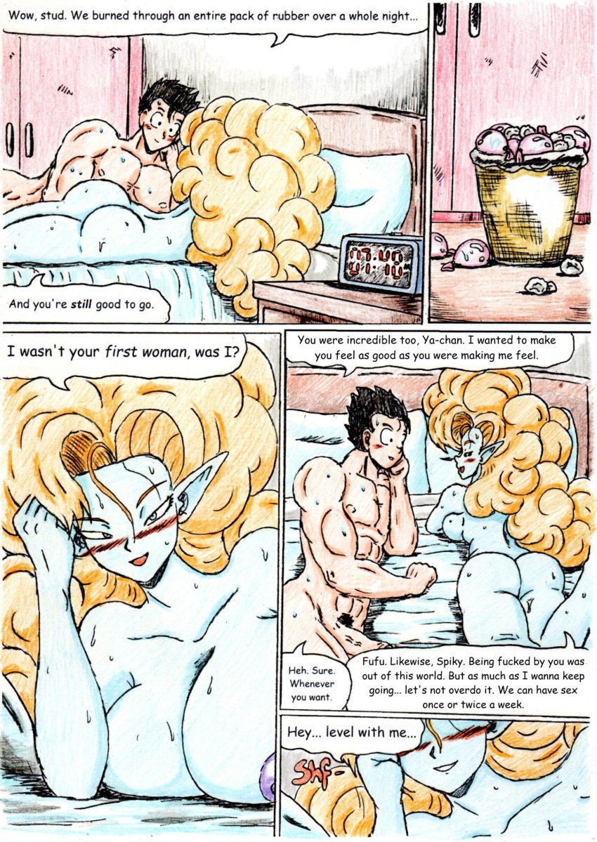 1boy 1girls alarm_clock alien_girl bed bedroom bedroom_sex black_hair dragon_ball_z dragon_ball_z:_bojack_unbound dragon_ball_z_silver_age female male nude_female nude_male orange_hair orange_hair_female pointy_ears son_gohan sweaty_body talking talking_to_another thewritefiction zangya