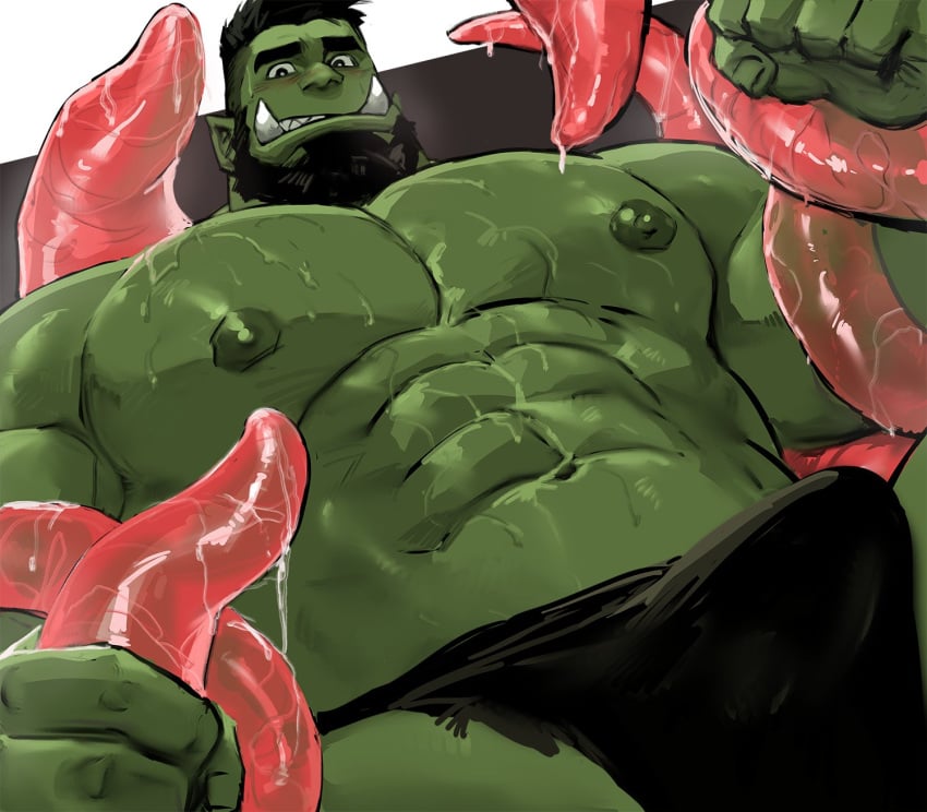 abs bulge dopq fangs green_body green_skin hi_res humanoid humanoid_pointy_ears male muscular muscular_humanoid muscular_male nipples orc orc_male pecs pointy_ears solo solo_male teeth tentacle