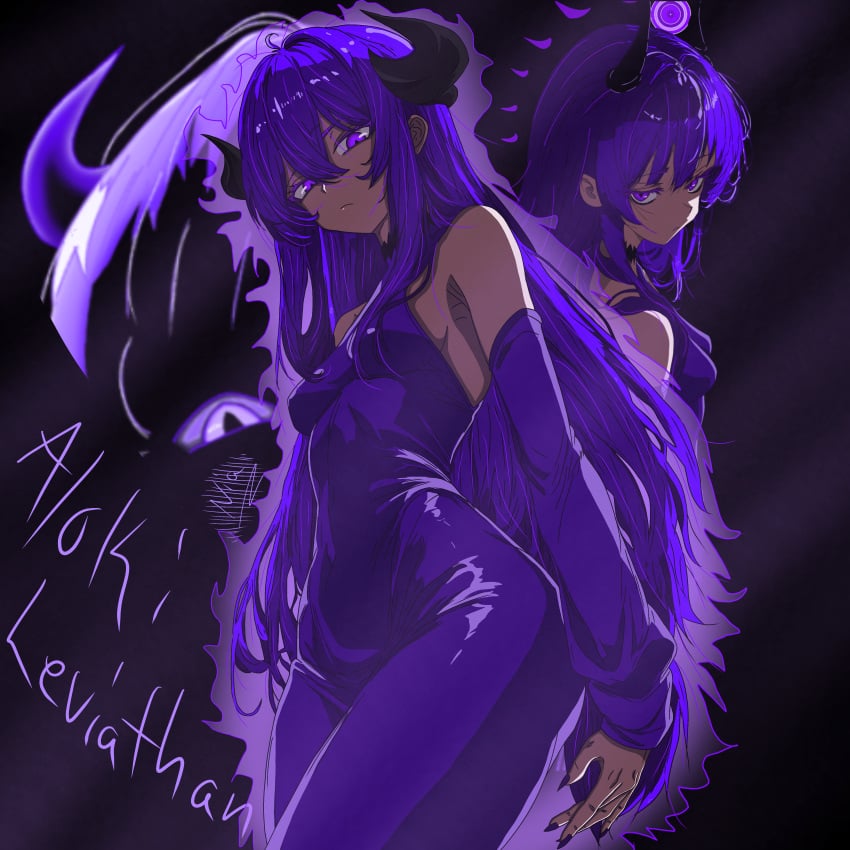 1girls 4k 4k_resolution absurd_res absurd_resolution absurdres aloki_leviathan artist_nia_official aura clothed demon demon_girl demon_horns female hi_res highres long_hair original original_artwork original_character purple_dress purple_eyes purple_hair purple_nails small_breasts solo tight_dress