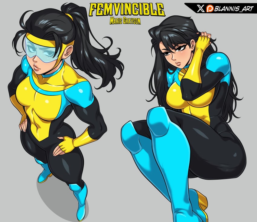 1girls 2025 2d 2d_(artwork) adjusting_hair artist_name black_eyes black_hair blannis_art blush bodysuit character_name clothed clothed_female female female_invincible female_only female_protagonist fully_clothed genderswap genderswap_(mtf) goggles grey_background half-human invincible invincible_(superhero) light-skinned_female light_skin long_hair looking_at_viewer looking_up main_character mark_grayson matching_hair/eyes muscular muscular_female ponytail questionable rule_63 sfw simple_background sitting solo solo_female standing superheroine teenage_girl teenager