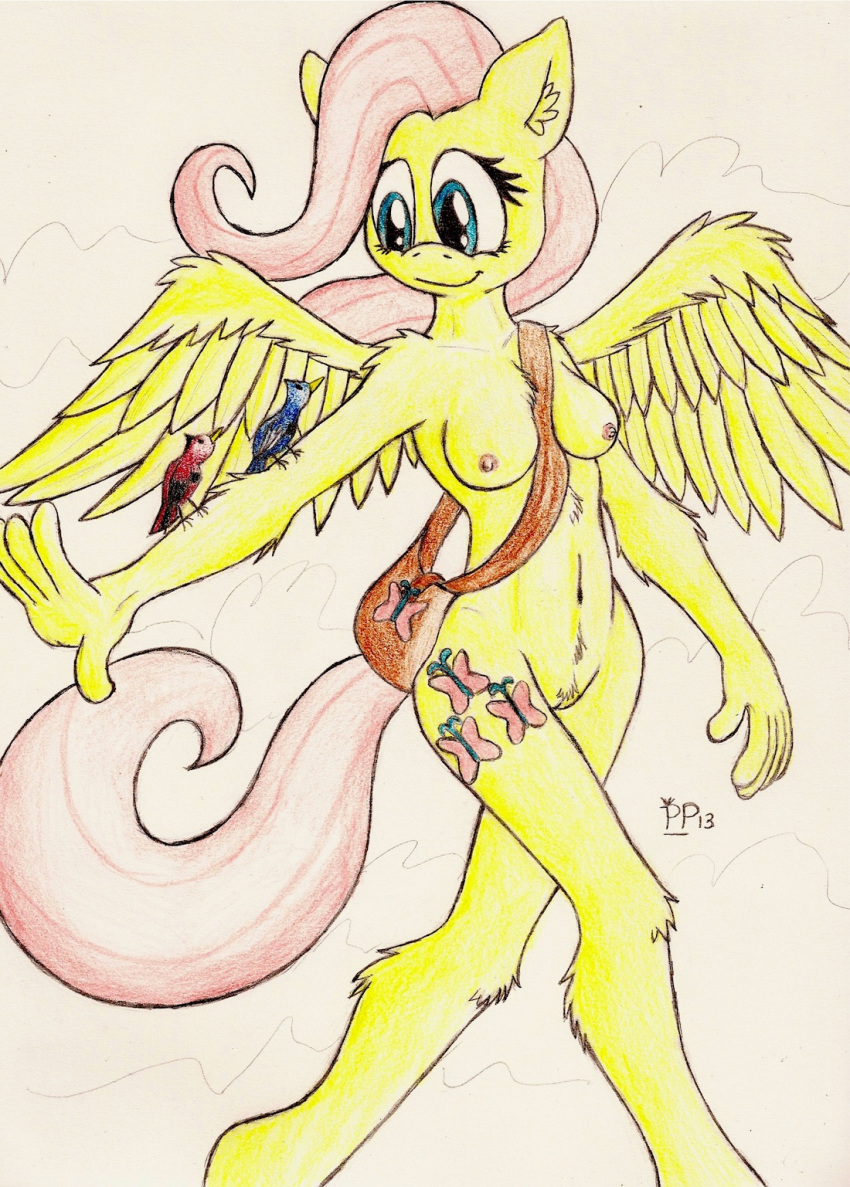 2013 anthro anthrofied bag birds blue_eyes breasts cutie_mark equine female feral fluttershy_(mlp) friendship_is_magic hair hands horse my_little_pony nipples nude nudist pegasus pink_hair pony punk-pegasus pussy smile solo wings yellow_fur