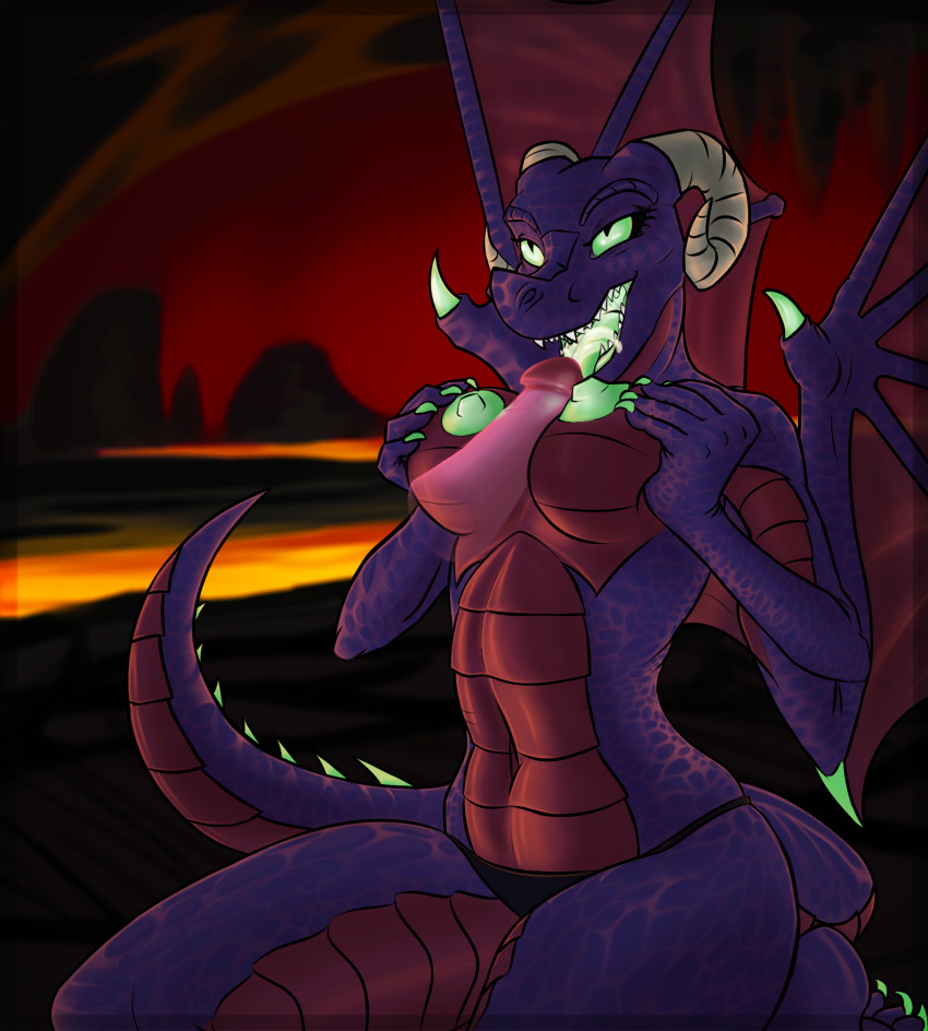 anthro big_breasts breasts canines cave color cum cum_in_mouth disembodied_penis dragon erection fellatio female glowing green_eyes horn lava licking male nails oral oral_sex paizuri penis pointy_teeth retro_parasite scalie sex spikes tongue volcanic_setting wings