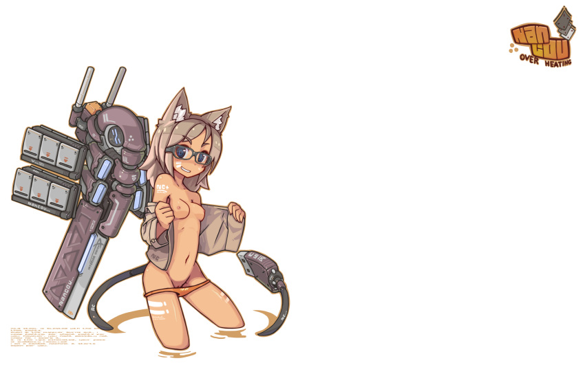 blue_eyes breasts brown_hair catgirl glasses gun long_hair nancou_(nankou) navel nipples open_clothes open_shirt original panties panty_pull shirt tail underwear weapon white_background