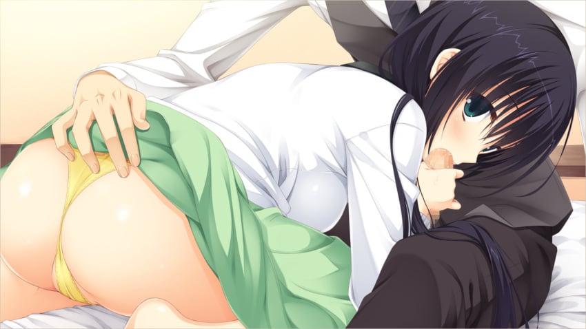 amagiri_yune amairo_islenauts ass black_hair censored fellatio game_cg green_eyes hair long_hair mosaic_censoring muririn oral panties penis tied_hair twintails underwear