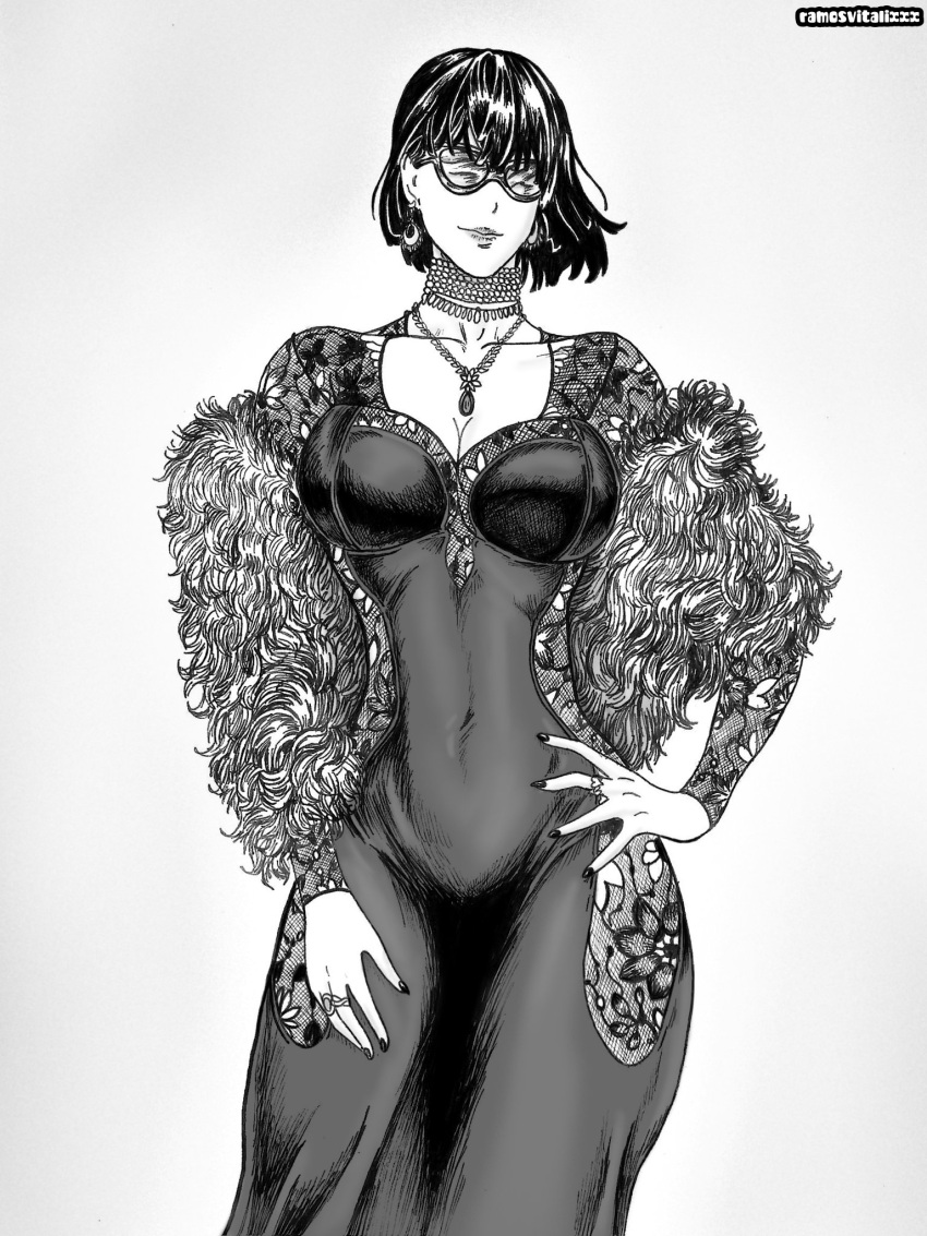 1girls big_breasts black_dress black_glasses classy classy_female dress dress_shirt earrings elegant elegant_dress flower fubuki_(one-punch_man) fur_boa glasses necklace one-punch_man ramosvitalixxx rich rich_girl ring self_upload short_hair short_hair_female solo solo_female solo_focus