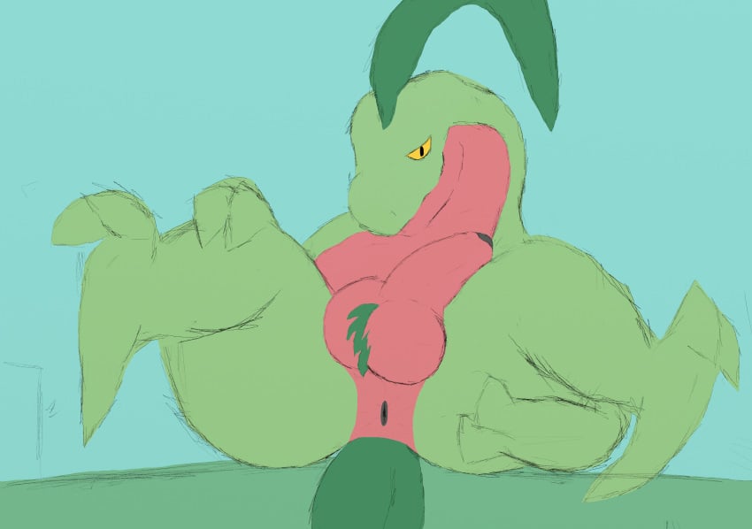 absurd_res anthro anus ass balls feet generation_3_pokemon genitals green_body grovyle hand_on_butt hi_res humanoid_genitalia humanoid_penis leaf leaf_hair leaf_tail looking_at_viewer male nintendo owlietomes penis plant plant_hair pokemon pokemon_(species) pseudo_hair red_body semi-anthro simple_background smile solo tail vigmarr