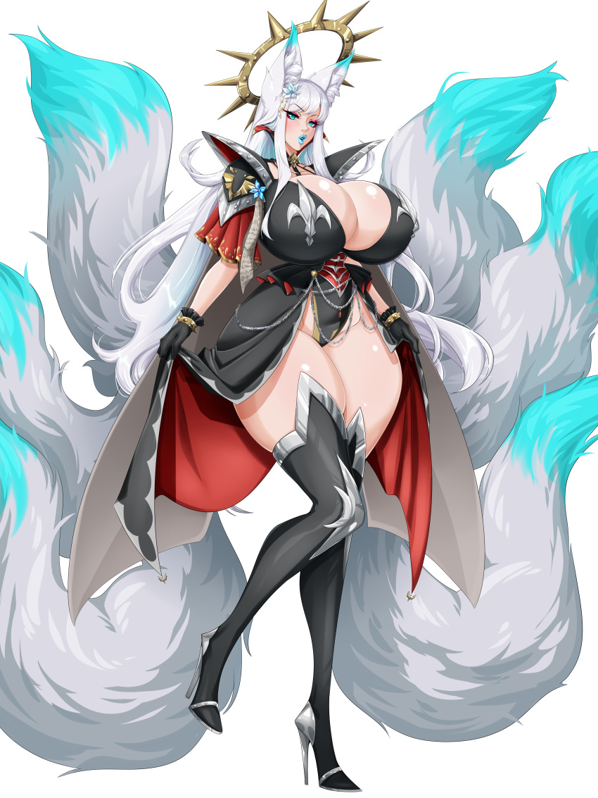 1girls adepta_sororitas big_breasts black_legwear breasts cyan_eyes cyan_hair female female_only goddess halo imperium_of_man kinksune kitsune miya_kitashima pinup sister_of_battle solo solo_female thick_thighs thighhighs warhammer_(franchise) warhammer_40k white_hair