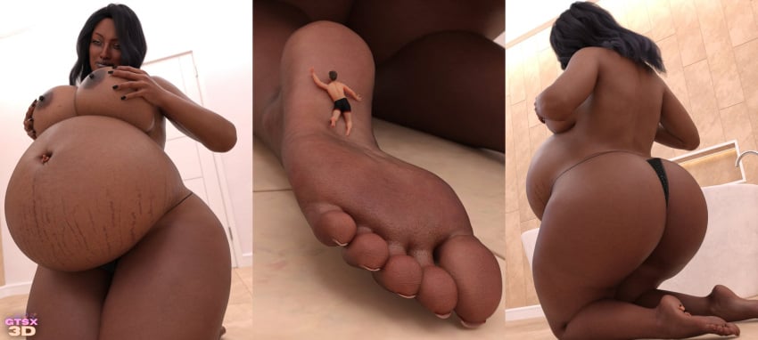 1boy 1girls 3d ass barefoot belly big_ass big_belly big_breasts breasts dark-skinned_female dark_skin feet female foot_fetish giantess gtsx3d huge_breasts larger_female macro male micro panties pregnant size_difference smaller_male stretch_marks