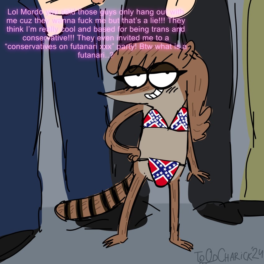 1dickgirl 1futa anthro brat confederate_flag confederate_flag_bikini dickgirl furry futanari gangbang gynomorph long_hair piercing raccoon regular_show rigby_(regular_show) rule_63 sassy self_upload speech_bubble what