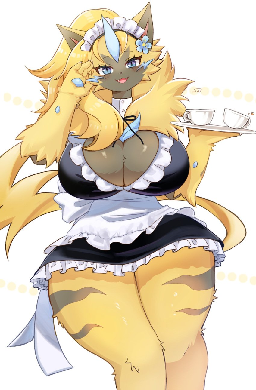 aurora_(nbanoob) big_breasts breasts cleavage female female_only female_pokemon female_zeraora furry huge_breasts maid maid_outfit maid_uniform pokémon_(species) pokemon sa_a_____a thick_thighs wide_hips zeraora