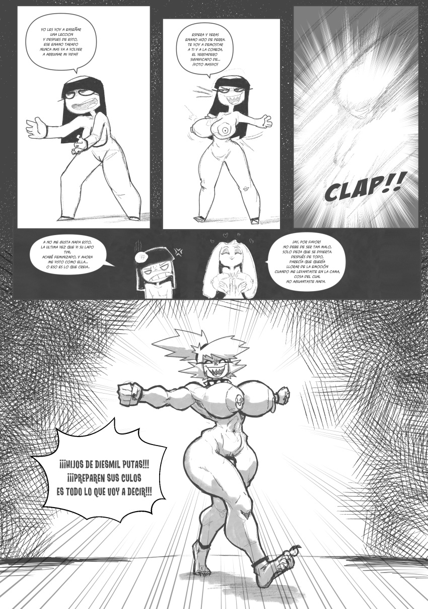 1boy 1futa 1girls bangs big_breasts black_hair comic doppelganger female female_to_futa femboy furry futanari futanari_transformation long_hair male monochrome muscle_growth muscular muscular_futanari north_star_500 nun rabbit sharp_teeth spanish_text standing transformation translation_request