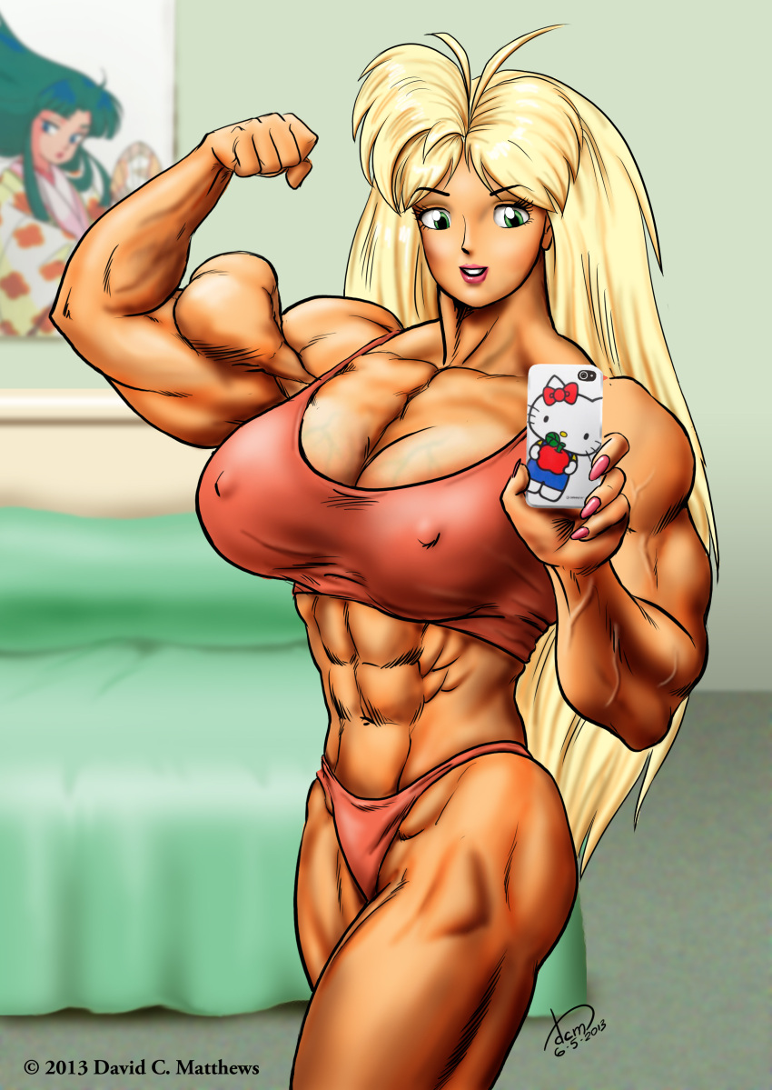 abs biceps big_breasts big_muscles blonde_hair breasts dcmatthews female green_eyes hair huge_breasts large_breasts large_muscles long_hair muscles muscular_arms muscular_female muscular_legs muscular_thighs pecs phone tetsuko