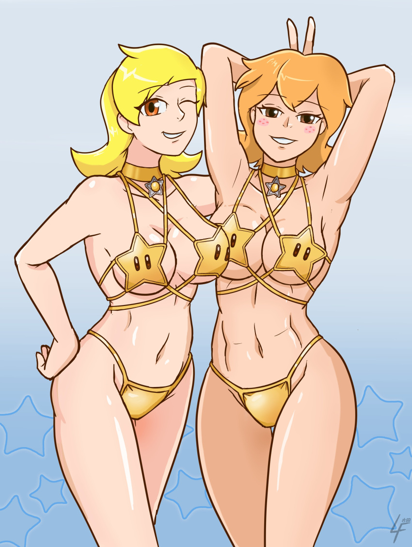 2girls bikini blonde_hair breasts crossover duo female female_only lickyfieldsarts light-skinned_female light_skin looking_at_viewer mario_(series) nintendo oc one_eye_closed original original_character platinum_blonde_hair princess_rosalina star_bikini super_star_bikini tagme